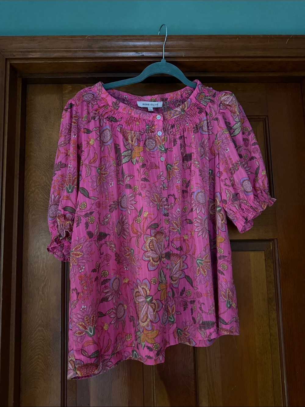 Rose & Olive Pink Floral Smocked Neck Blouse
